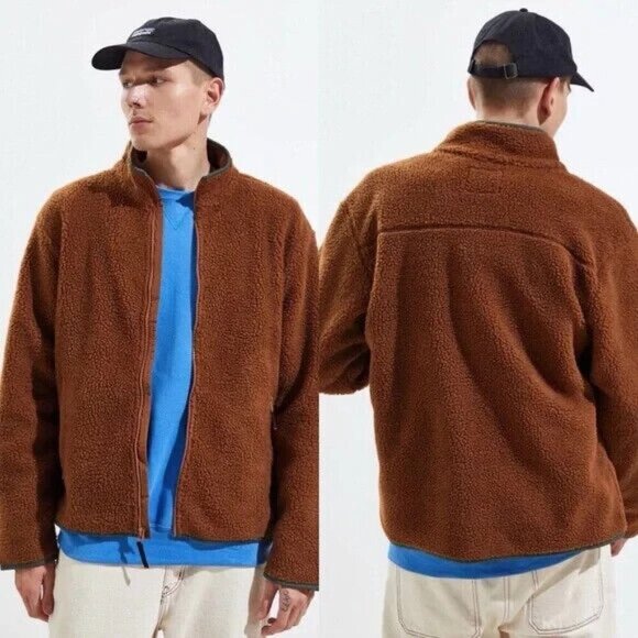 Urban Outfitters BDG Sherpa Fleece Teddy Bear Full Zip Chocolate Brown Green M - Picture 1 of 13